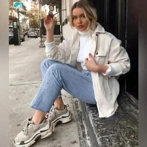 Zara Corduroy Oversized Loose Shirt Shacket Ivory Cream Long Sleeve Size  Small